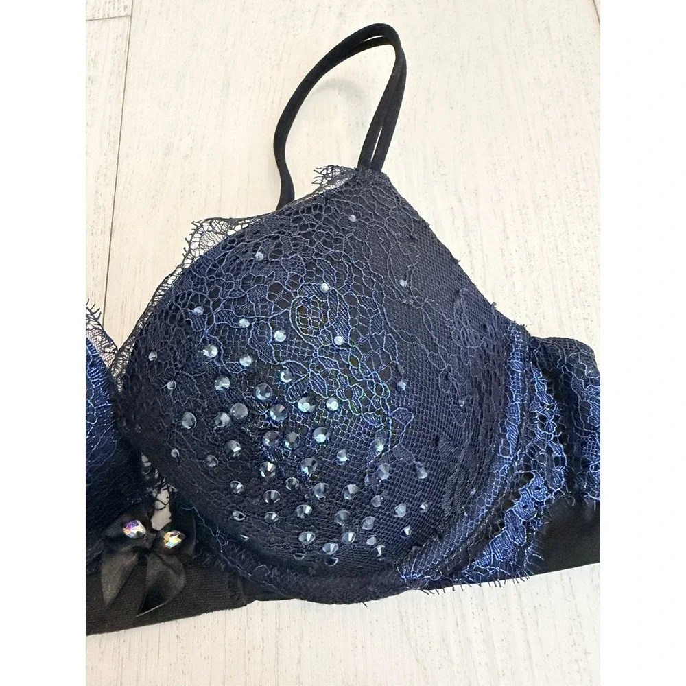Victoria's Secret Very Sexy Push-up Bra Sz 34B Blue Metallic Lace Rhinestone Gel